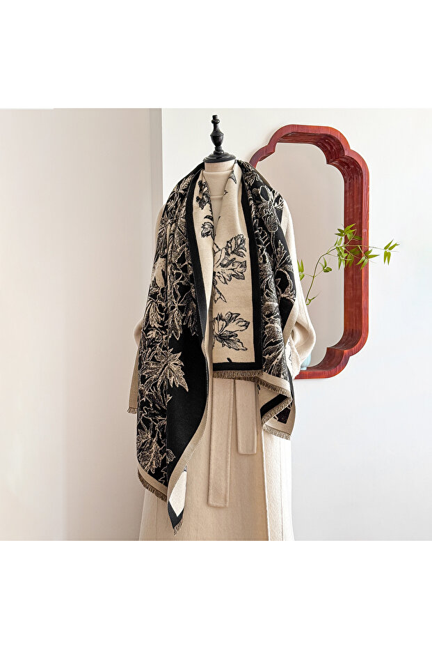 black Elegant Floral Jacquard Pashmina Shawl for Women Winter Thick Warm Double Sided Tassel Design