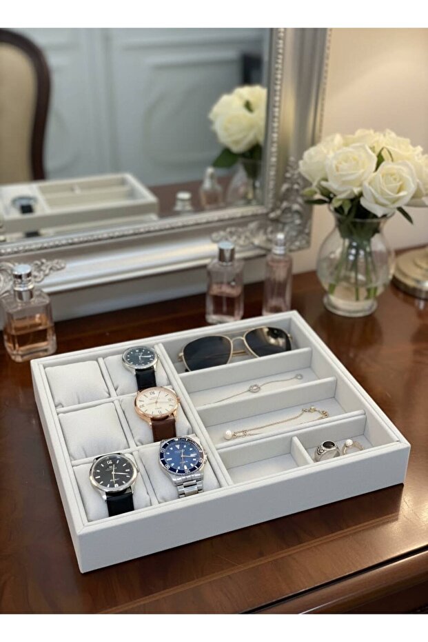 Glasses, Watch, Bracelet, Ring, Jewelry Box, Suede Fabric Covered over Mdf
