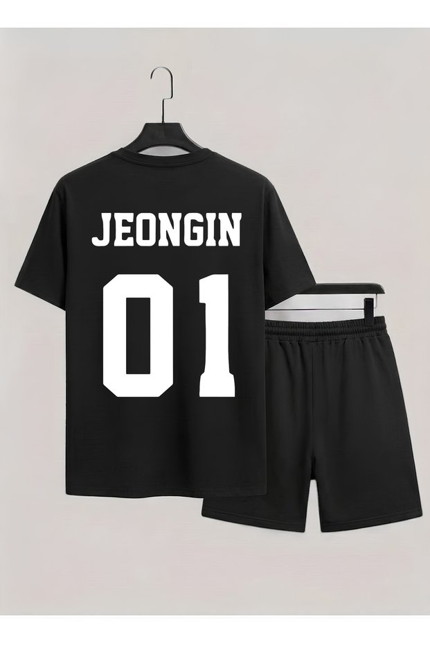 Straykids Jeongin Printed 100% Cotton Crewneck Children's Tshirt-Shorts K-Pop Dual Set