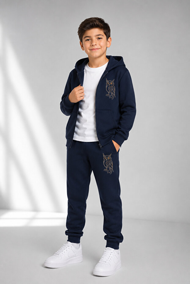 Owl Printed Zippered Boys' Top and Bottom Tracksuit Set