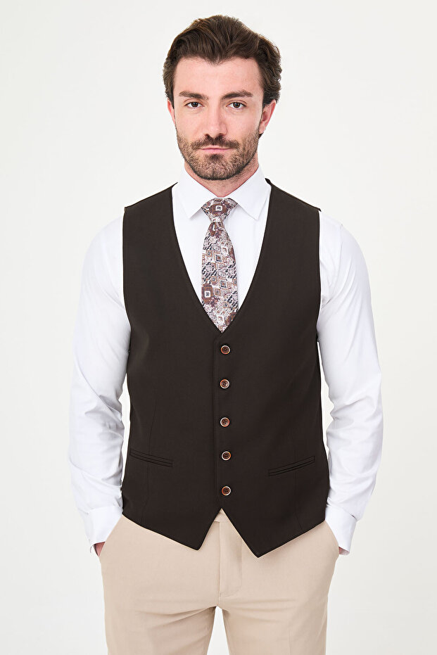Straight Slim Fit Classic Men's Vest Brown - 40962.26Y