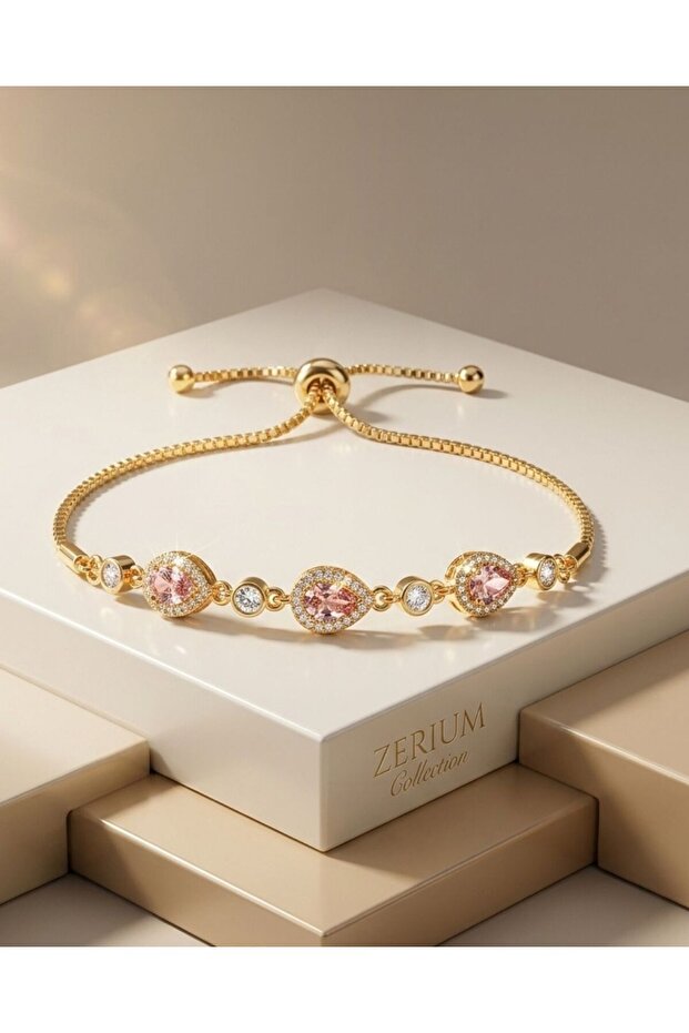 Women's Steel Elevator Bracelet Gold Color with Oval Pink Stone