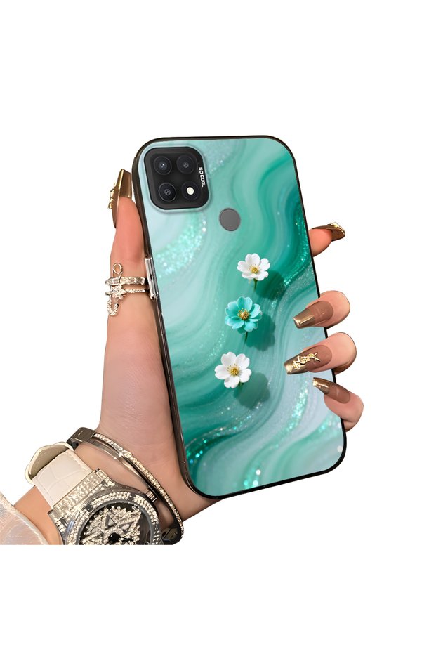 Oppo A15S Compatible Silicone Edge Hard Back Case Couple Phone Case with Floral Pattern