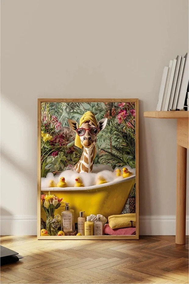 Giraffe's Spa Day Animal Design Decorative Framed Mdf Painting