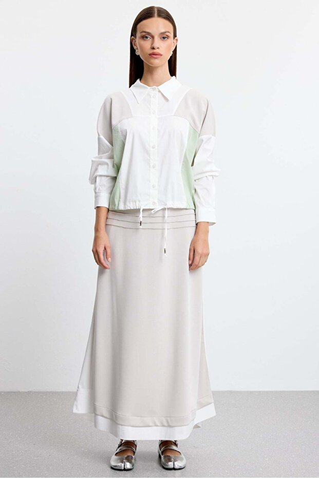 Color Detailed Shirt Skirt Set Beige