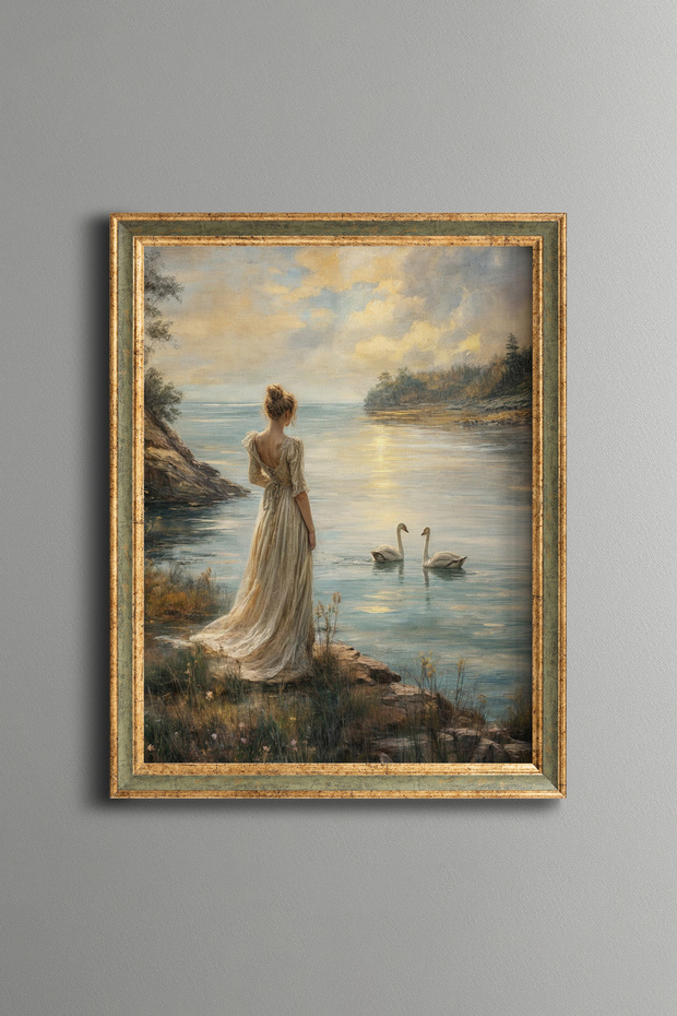 Woman and Swans - Vintage Patterned Painting - Fine Model