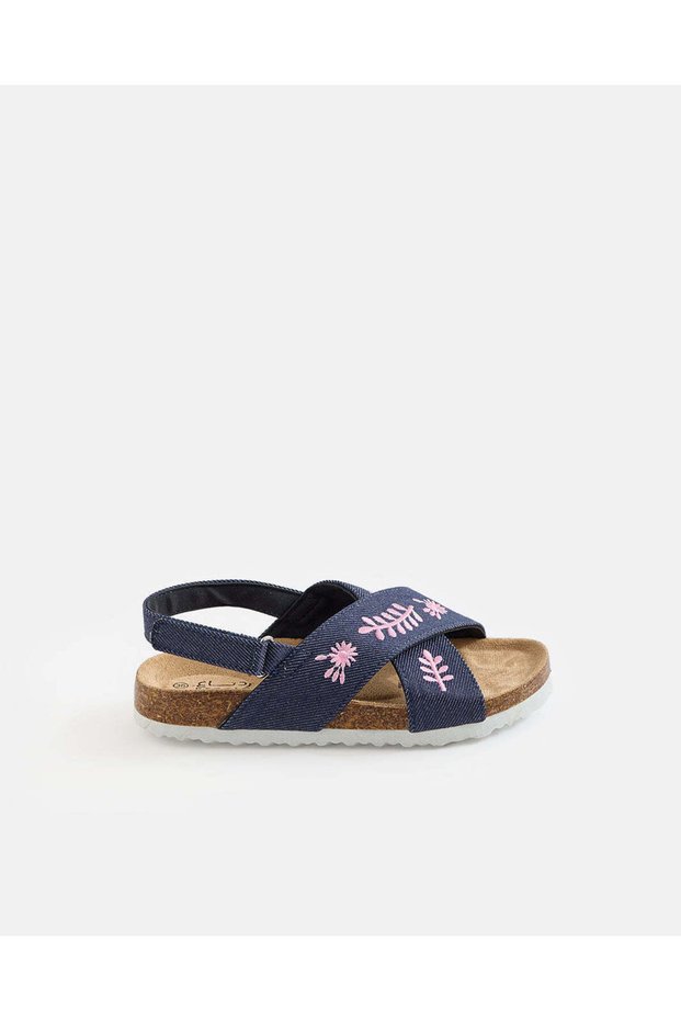 Girls Navy Embroidery Cork Sandals