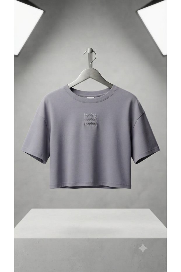 Loving Embroidered Crew Neck Loose Fit Crop T-Shirt