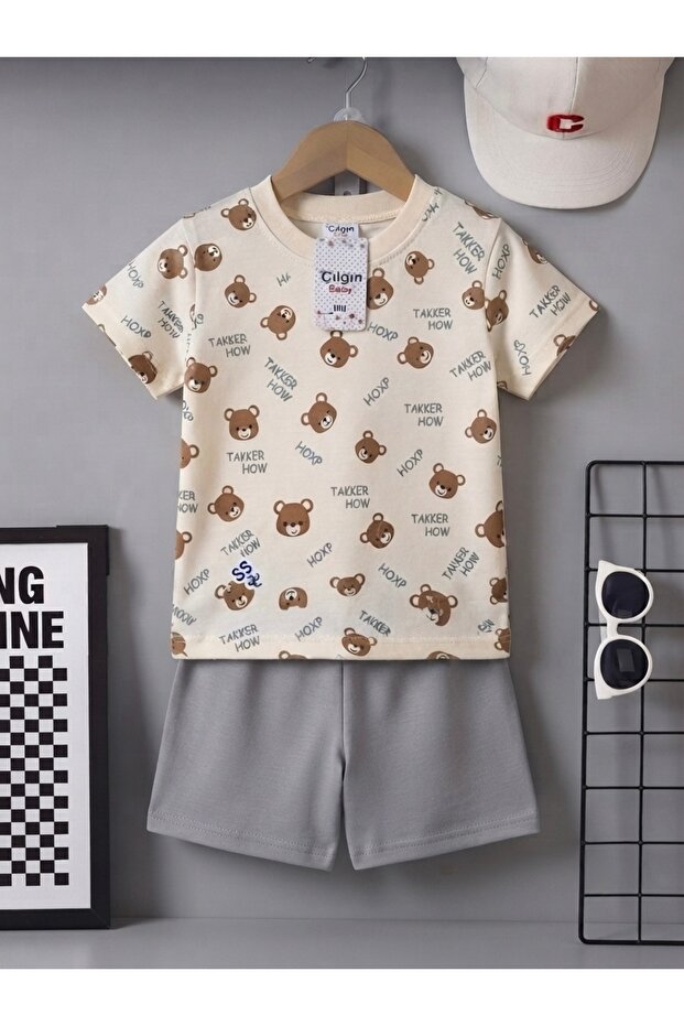 Boy's Teddy Bear Patterned Summer Set - Short Sleeve T-Shirt and Shorts Cotton Casual Set