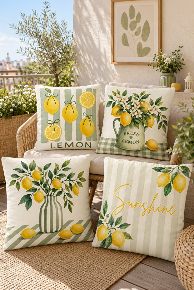 Set of 4 Patterned Lemon Flowers in a Pot Cushion Covers