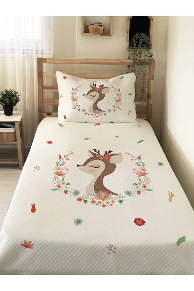 Deer Patterned Baby and Kids Printed Single Pique Set 160 X 220 cm White