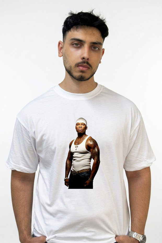 تي شيرت أبيض كبير الحجم مطبوع بتصميم 50 Cent_61