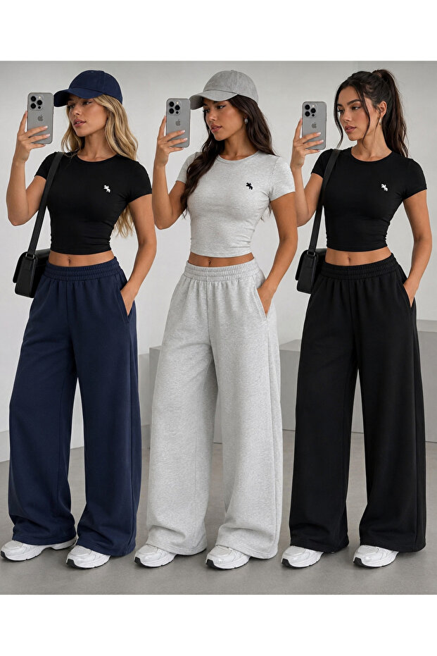Economic Package: 3-Piece Black Gray Navy Blue Wide-Leg Women's Sweatpants