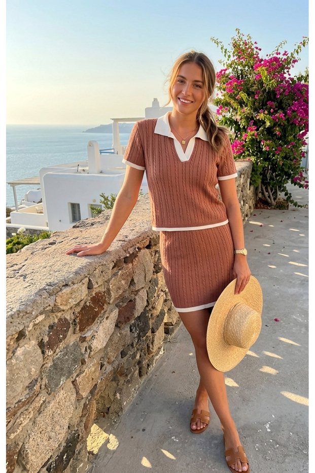 Summer Polo V-Neck T-Shirt Blouse Mini Skirt Knitwear Set