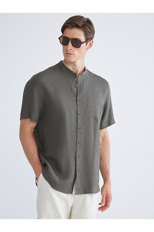 Nevavm Regular Fit Stand Collar Short Sleeve 100% Linen Men's Shirt with a Difference