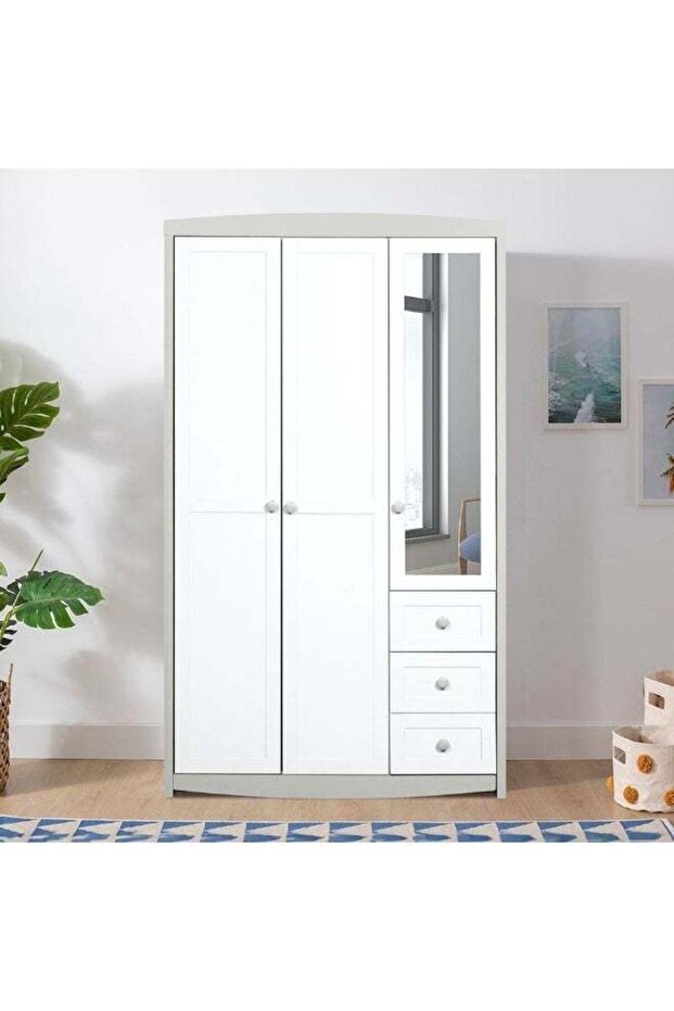 Hazel 3-Door Wardrobe With 3 Drawers And Mirror - Light Beige And White