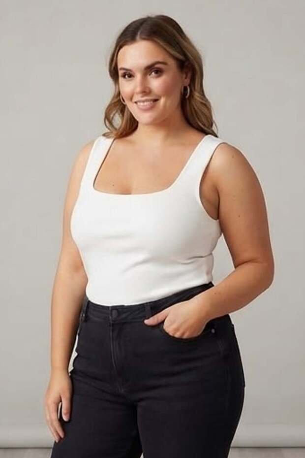 Trend42Plus Large Size Thick Strap Basic Top-Ecru - 2