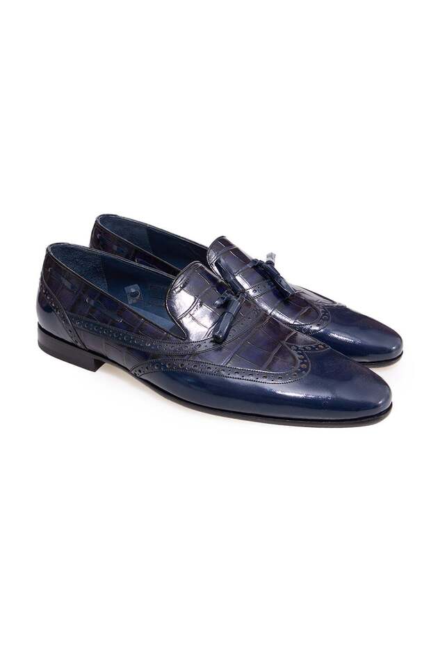 Dark Blue Color Laceless Genuine Leather Men's Shoes
