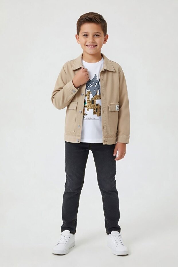 Cream Emblem Jacket and T-Shirt Boys' 3-Piece Trouser Set 24016