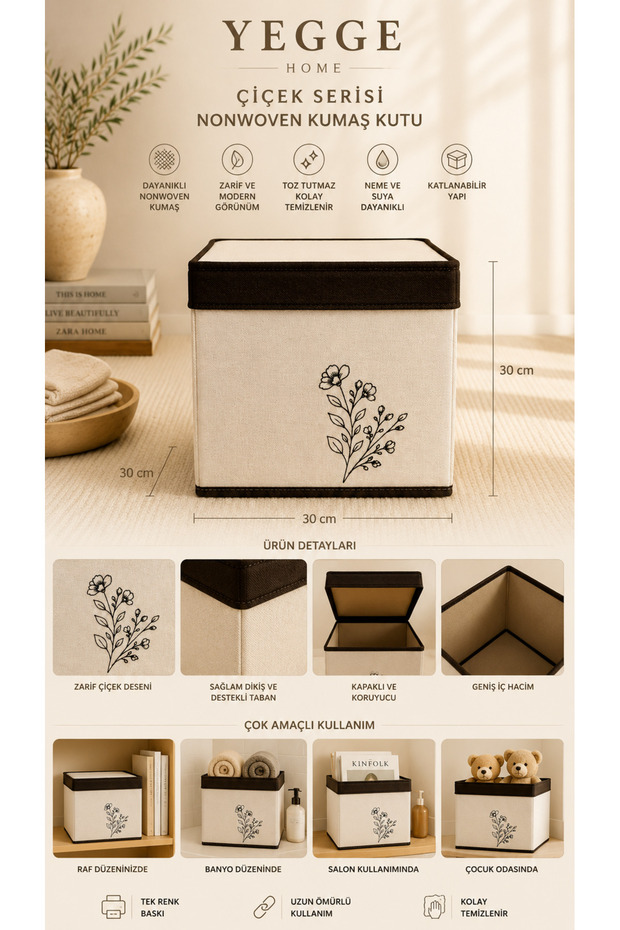Floral Patterned Closet Organizer Box with Lid - 30X30X30 cm Foldable Multi-Purpose Storage Box