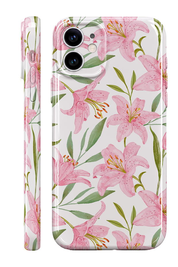 iPhone 12 Pink Flower Protect Slim Glossy Full Covering Print Camera Protected Phone Case