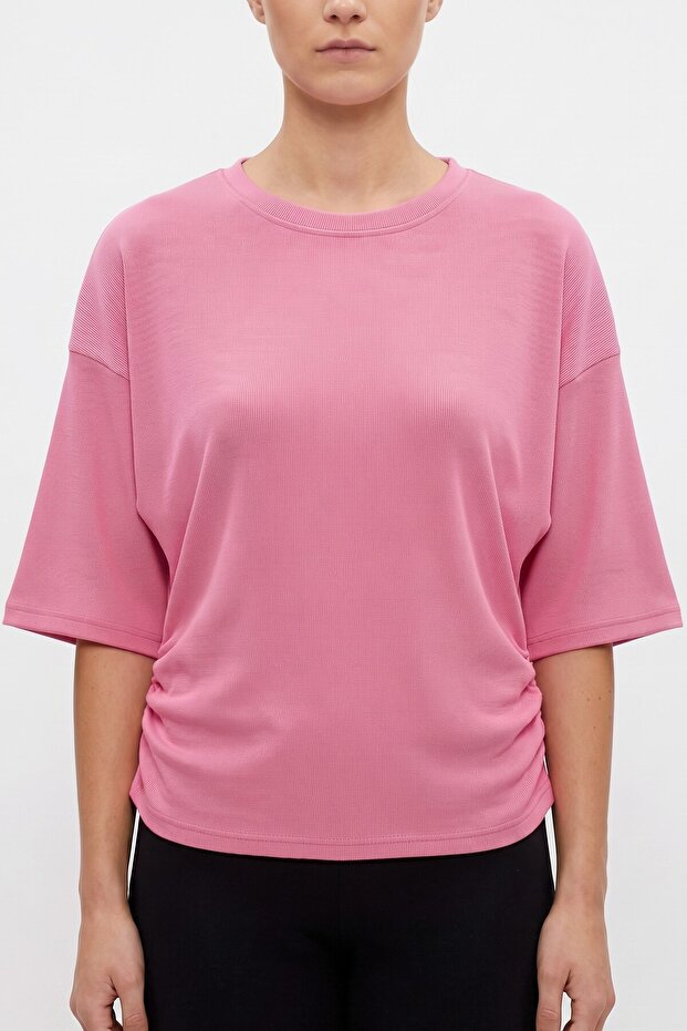 Women's Pink Side Gathered Bat Sleeve Cotton T-Shirt