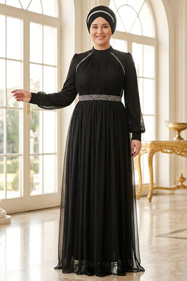 Pile and Belt Detailed Tulle Plus Size Hijab Evening Dress Tbssnn40