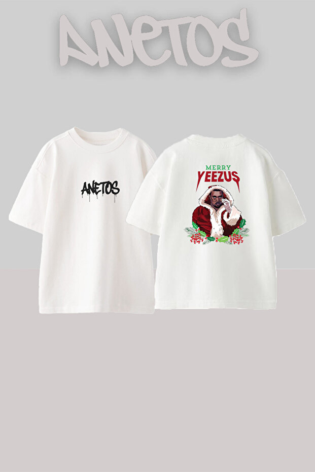 تي شيرت أبيض كبير الحجم مطبوع بتصميم Yeezus Santa للجنسين