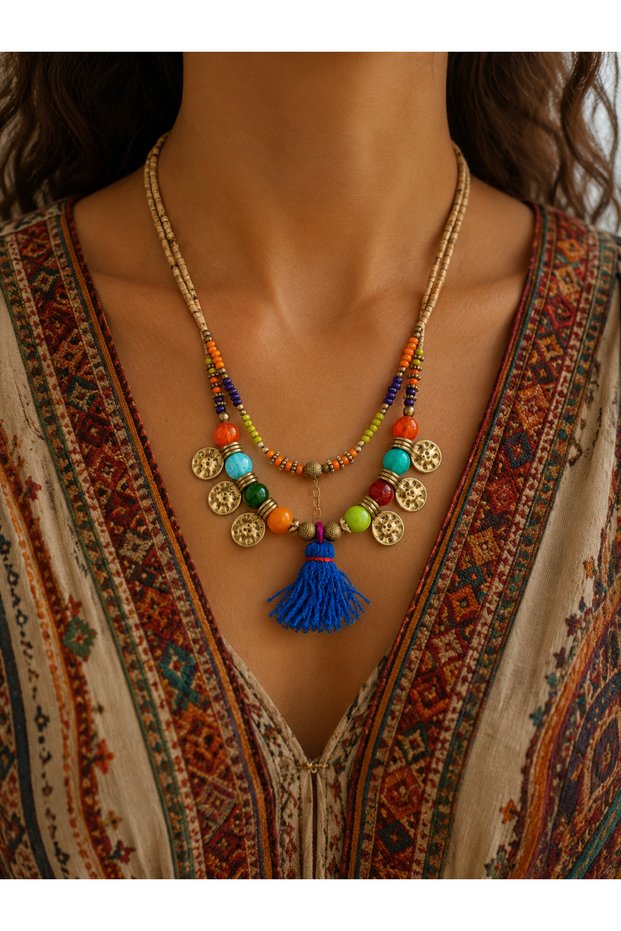 Bohemian Elysara Colorful Beaded Tassel Detailed Design Necklace