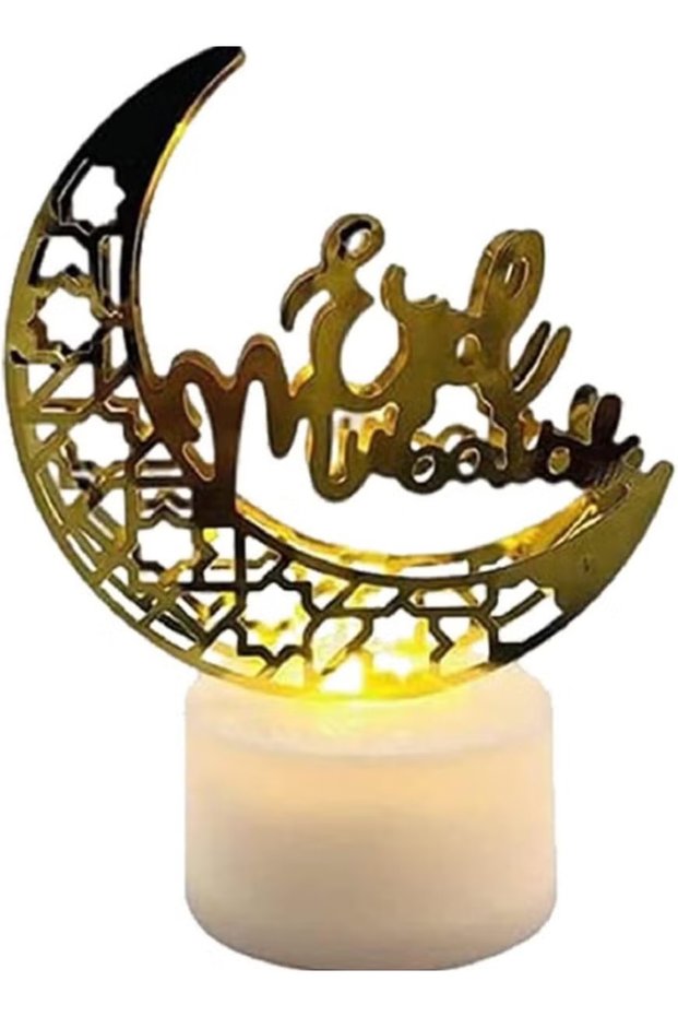 (ex15)Ramadan LED Candle Light, Golden Moon Hollow Metal Eid Mubarak Lamp, Muslim Festival Night Light, Islamic Home Tabletop Decorative Lamp