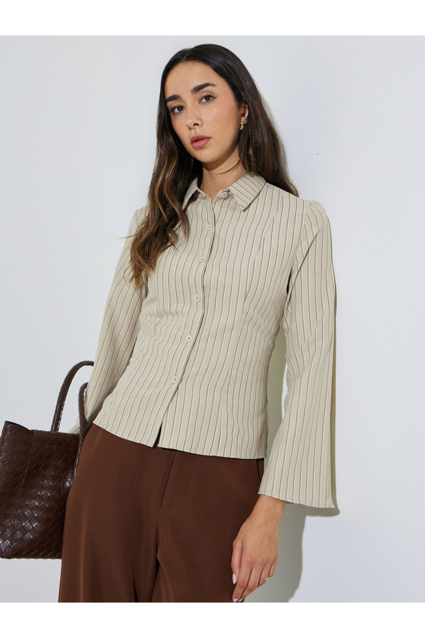 Beige Striped Bell Sleeve Fitted Shirt