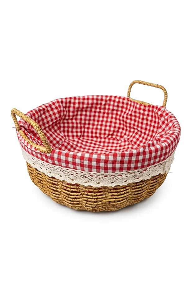 Round Wicker Bread Basket with Red Gingham Lining