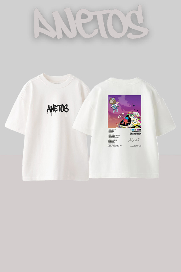 Dropout Bear Design Printed Unisex Oversize White Tshirt
