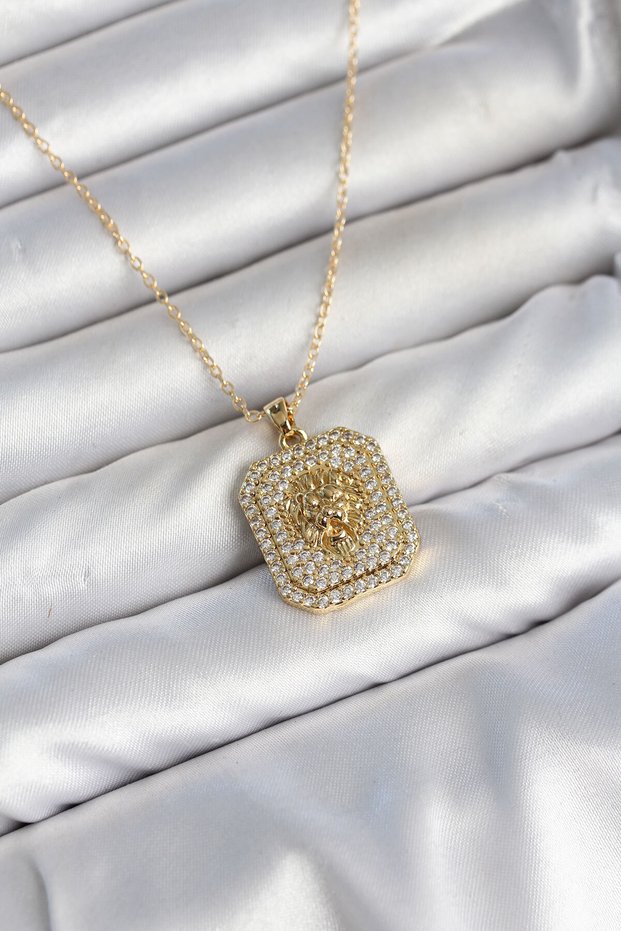 316L Steel Chain Gold Lion Medallion Model Zircon Stone Women's Necklace