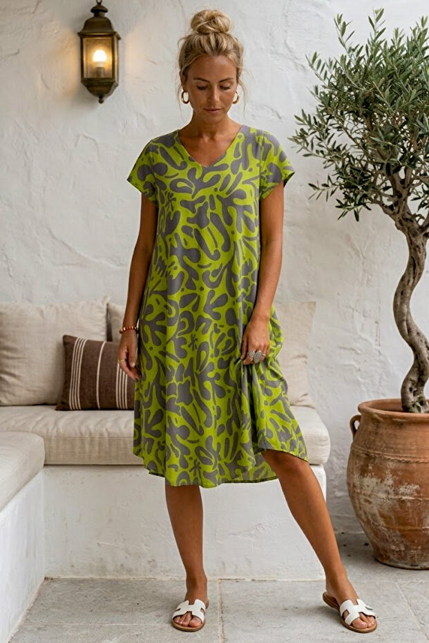 Pistachio Green V-Neck Short Sleeve Patterned Casual Viscose Woven Dress 113 64