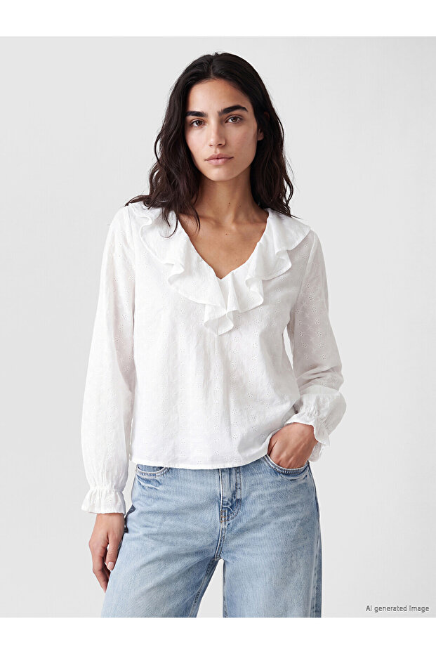 Original Ruffled V-Neck Embroidered Blouse