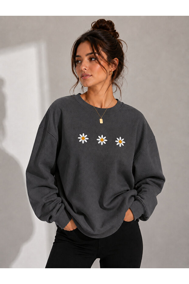 Women's 3-Piece Daisy Printed Crew Neck Sweatshirt