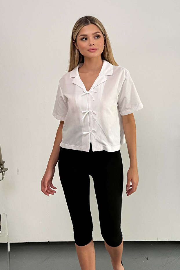 Women's Short Sleeve Bow Detailed Shirt White - 2129
