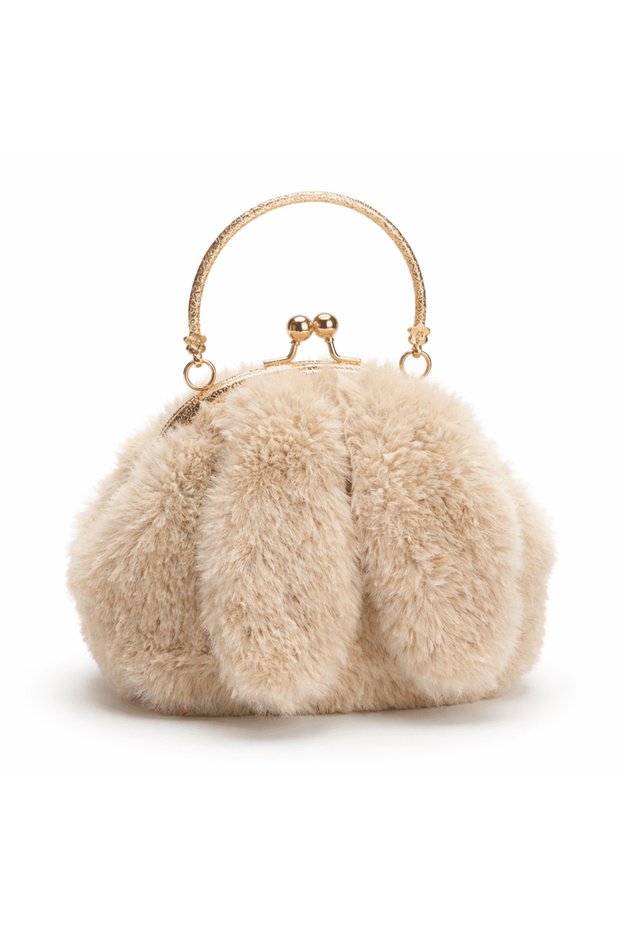 Luxury Faux Fur Handbag for Women – Beige Plush Evening Bag with Gold Frame & Handle