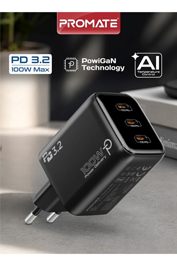 Quantum-100 100W PowiGaN 3-Port USB-C Fast Charging Adapter (Black) | EU 2-Pin Plug, Smart Power Distribution, PPS Charging, AI Thermal Protection, PD 3.2 Technology, for MacBook & iPad