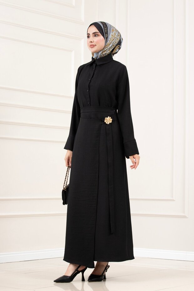 Skirt with Buckle Detail Tuğba Double Set - Black