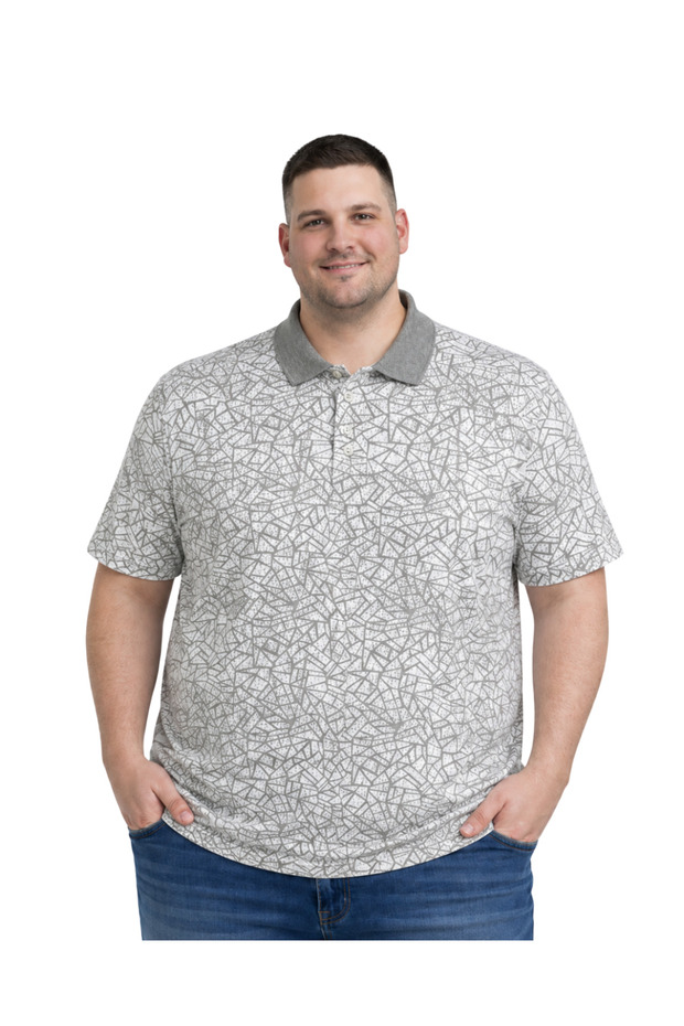 Men's Large Size Light Gray Polo Collar Mosaic Short Sleeve T-Shirt 3Xl-4Xl-5Xl-6Xl