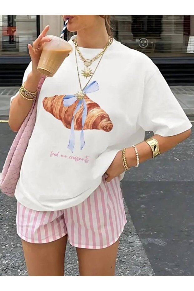 Women's Oversize Cool Street Vibe Printed Crew Neck White T-Shirt