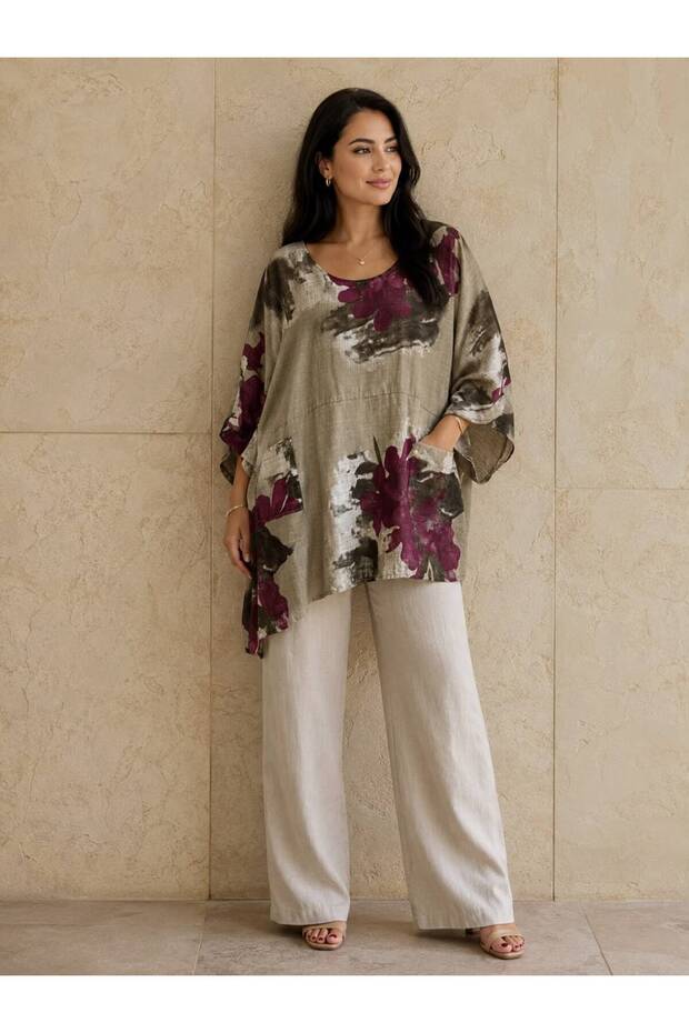 Women's Rose Patterned Cotton Fabric Loose Oversize Blouse with Pockets 44-54