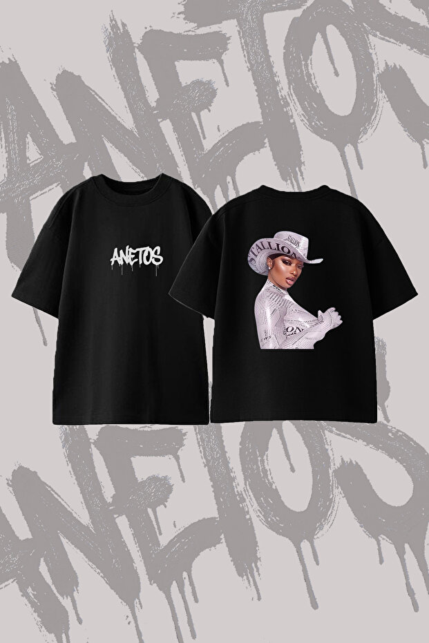 Megan Thee Stallion_3 Design Printed Oversize Crew Neck T-Shirt Black