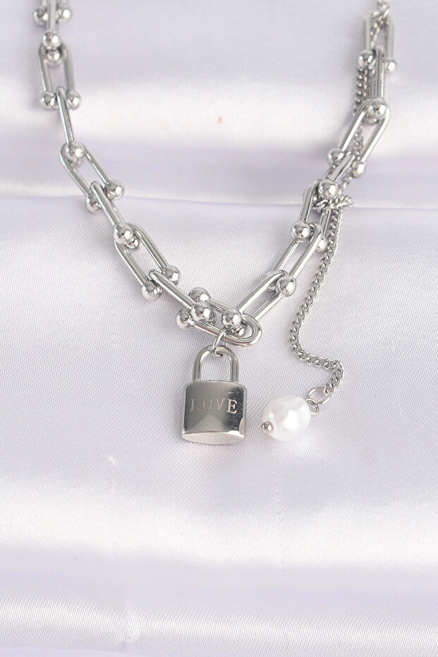 316L Steel Chain Silver Color Chain Love Written Lock Necklace