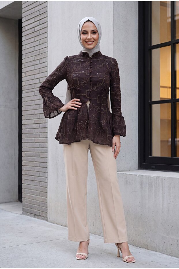 Hakim Yaka Front Buttoned Lined Ruffled Polyviscon Tunic - Dark Purple