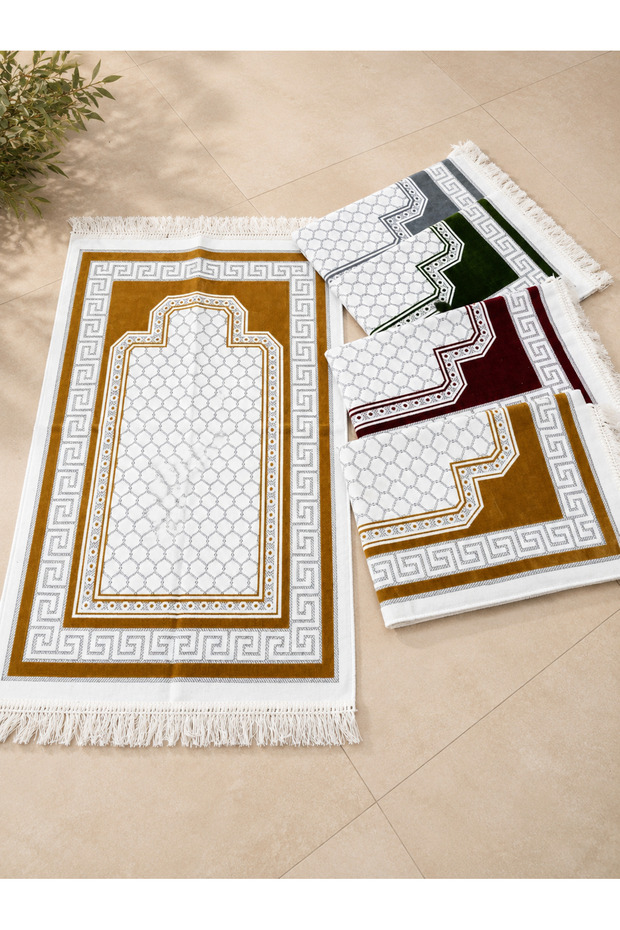 5-Piece Velvet Prayer Rug Set | Soft Textured | Tasseled | Stylish Patterned | Dowry Chest | Namaz Seccadesi