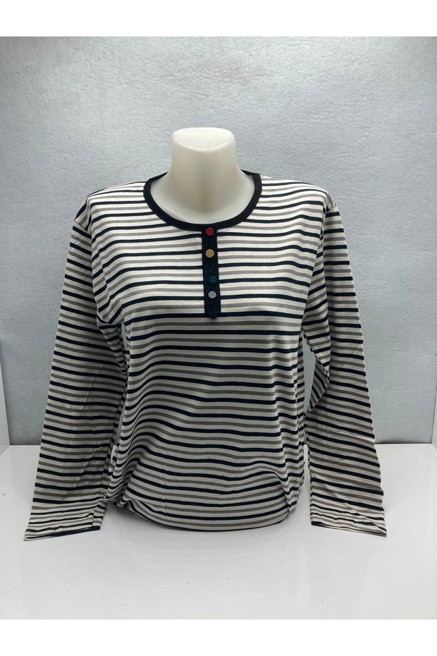 Women's Crew Neck Striped Colorful Button Detailed Long Sleeve Casual Combed Cotton Blouse