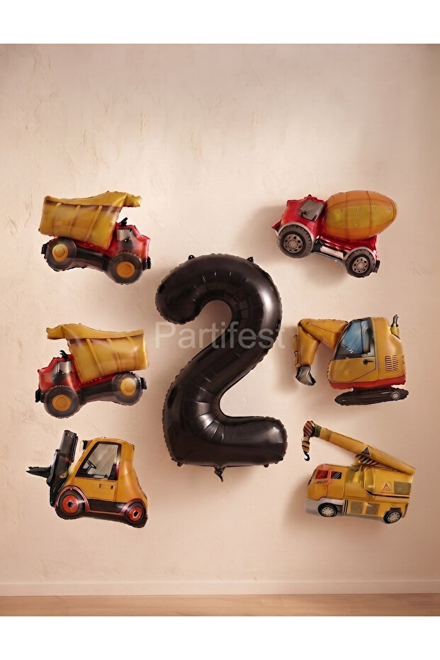 Set of 6 Mini Construction Themed Foil Balloons - Construction Machinery Birthday Decoration